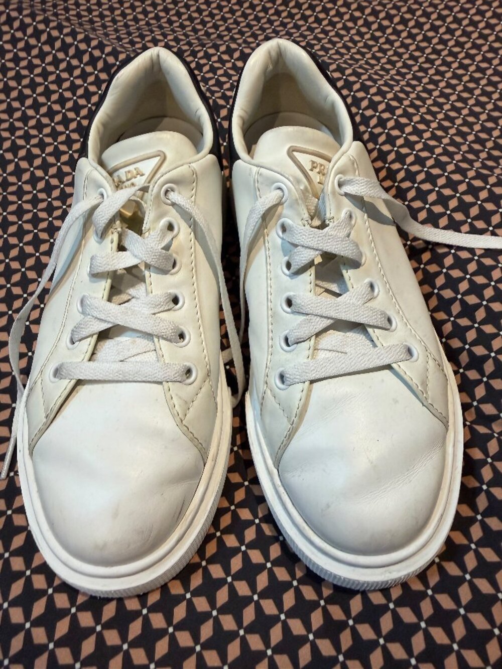 Prada Women's White Leather Platform Sneakers Black Triangle Logo Heel Size 38